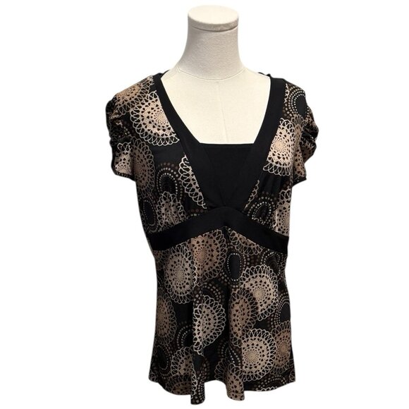 Y2K Babydoll Christopher & Banks Brown Short Sleeve Top Geometric Womens Medium - Picture 2 of 12